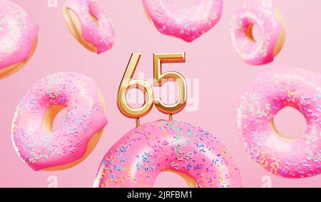 Happy 65th birthday celebration background with pink frosted donuts. 3D Rendering Stock Photo