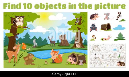 Find 10 hidden objects in the picture. Educational puzzle game for kids with cartoon forest animals in wild nature. Searching items and coloring book page concept. Wildlife and birds with lake, trees. Stock Vector