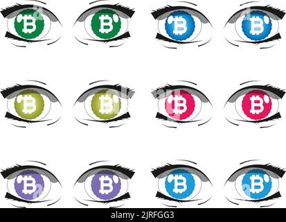 Cartoon beautiful eyes vector set. crypto eyes. bitcoin Stock Vector