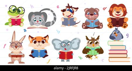 Set of cute cartoon animals and birds reading books. Smart funny owl, rabbit, crocodile and elephant in glasses study of literature. Pupil characters read stories for kids flat vector illustration. Stock Vector