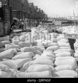 Operation Pedestal, August 1942 Operation Ceres: The unloading of supplies at Malta: Lighters loaded with sacks of flour on the quayside. Stock Photo