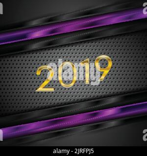 Golden 2019 New Year and glossy violet stripes on black perforated background. Vector illustration Stock Vector