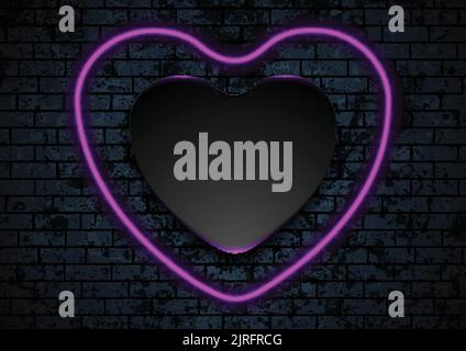 Neon glowing purple heart shape on dark brick wall background. Vector design Stock Vector