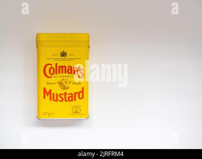 Cardiff Mid Glamorgan Wales UK August 24 2022 a yellow tin of Colemans English Mustard Powder Stock Photo