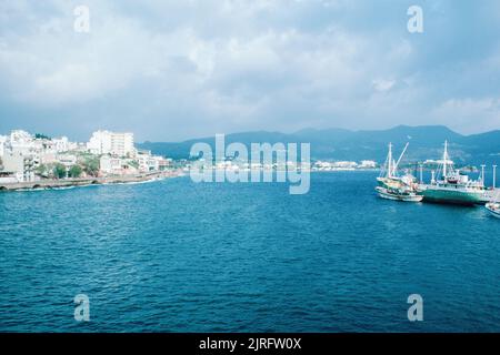 Agios Nikolaos bay in Crete, the largest and most populous of the Greek islands, the centre of Europe's first advanced civilisation. March 1980. Archival scan from a slide. Stock Photo