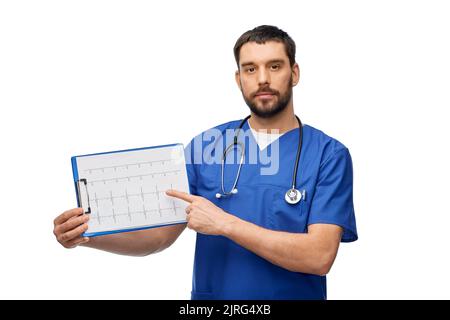 male doctor with cardiogram on clipboard Stock Photo