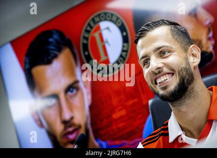 ROTTERDAM - David Hancko during the press presentation at the Feyenoord Stadium on August 24, 2022 in Rotterdam, Netherlands. The 24-year-old central defender comes immediately from Sparta Prague and has signed a contract in De Kuip that links him to the club until 2026. KOEN VAN WEEL Stock Photo