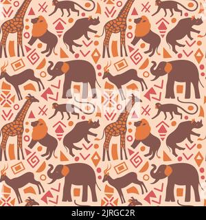 Abstract African seamless pattern with minimalist wild animals.  Stock Vector