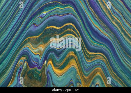 Abstract fluid art background navy blue and turquoise glitter colors. Liquid marble. Acrylic painting on canvas with dark cerulean gradient. Watercolo Stock Photo