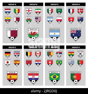 Illustrations of Angled Shield Team Badges for All Countries in All Groups from Football Tournament Stock Vector