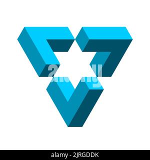 Impossible blue triangle. Penrose shape. Esher geometric object. Optical illusion visual effect. Logo template made of three symmetric parts. Vector Stock Vector