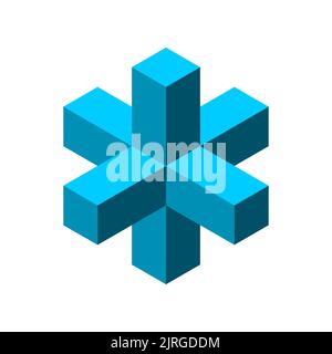 Blue shape structure made of combined blocks. Geometric object. Puzzle game. Isometric projection of crossed rectangular shapes. Construction. Vector Stock Vector