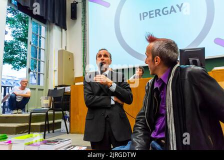 Paris, France, Act Up -Paris, Weekly Meeting, HIV  Advocates, making presentation, with  Professor Jean-Michel Molina, Saint Louis Hospital, PrEP Scientific Study, Ipergay, in University Beaux Arts Amphitheater, presentation meeting Stock Photo