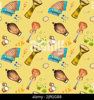 Hispanic musical instruments and watercolor splash seamless pattern on beige. Latin drum, conga, accordion, guitar illustration hand painted. Design e Stock Photo