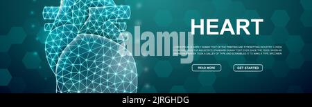 Heart 3d low poly symbol for head promotion banner. Cardiology design template illustration. Horizontal polygonal Internal organ poster illustration Stock Vector