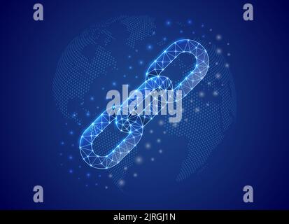 Chain 3d low poly symbol with blue world map background. Chainlink concept design vector illustration. Blockchain polygonal symbol with connected dots Stock Vector