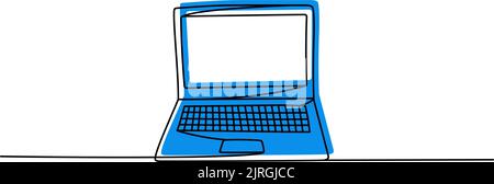 Laptop one line colored continuous drawing. Computer notebook continuous one line colorful illustration. Vector minimalist linear illustration. Stock Vector