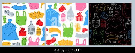 Set of garbage pattern. Unsorted trash background. Garbage background. Set of different types garbage. Stock Vector