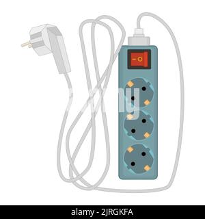Electric extension cord with safety switch isolated on white.Standard F type socket.Powerboard with three slots.Power plug socket.Vector illustration Stock Vector
