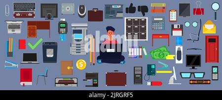 Business object icon set and office symbol design. Sign finance element and marketing concept vector illustration. Collection management service strat Stock Vector