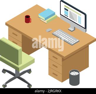 Isometric office worker desk. Manager computer workplace Stock Vector