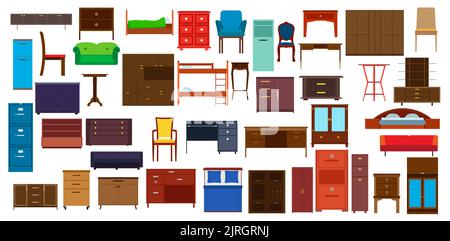 Furniture icon set design for interior and home room symbol collection. Office element vector illustration and cabinet apartment object style. Comfort Stock Vector