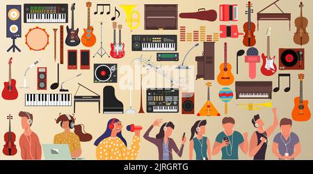 Music set icon design instrument and note symbol. Musical sign element and isolated equipment vector illustration. Sound object collection acoustic gu Stock Vector