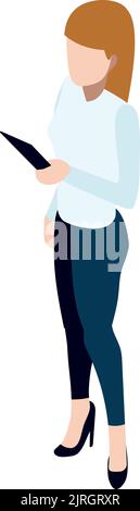 Isometric woman with paper document. Female office worker Stock Vector