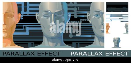Artificial intelligence head. Face of humanoid metal robot without emotion. Cloning creating clone of people. Fantasy illustration. Image from layers Stock Vector