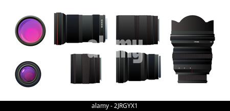 Set of lenses for camera. Various sizes and focal lengths. Optical device. Shooting equipment. Object isolated on white background. Vector. Stock Vector