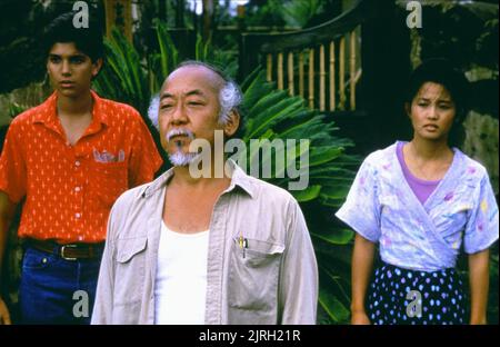 RALPH MACCHIO, PAT MORITA, TAMLYN TOMITA, THE KARATE KID PART II, 1986 Stock Photo