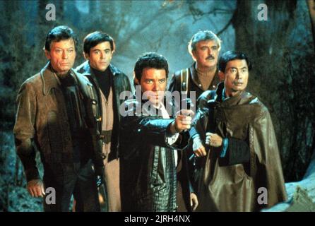 DEFOREST KELLEY, WALTER KOENIG, WILLIAM SHATNER, JAMES DOOHAN, GEORGE TAKEI, STAR TREK III: THE SEARCH FOR SPOCK, 1984 Stock Photo