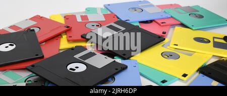 colored floppy diskettes isolated on white, long banner Stock Photo