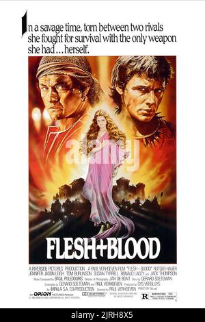 RUTGER HAUER, JENNIFER JASON LEIGH, TOM BURLINSON MOVIE POSTER, FLESH+BLOOD, 1985 Stock Photo