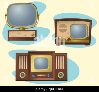 A set of graphic illustrations of vintage retro television sets. Stock Vector