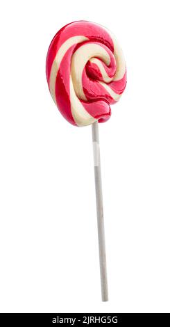 Classic  twisted spiral red and white lollipop on wooden stick isolated Stock Photo