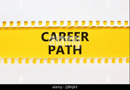 Career path symbol. Concept words Career path on yellow paper on a beautiful white background. Business Career path concept. Copy space. Stock Photo