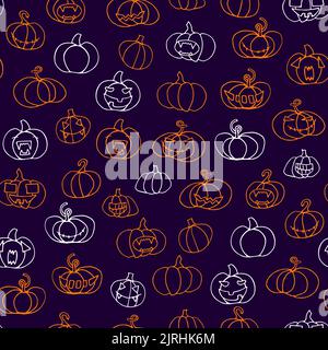 Seamless Halloween scary pumpkins pattern. Outline Funny, creepy, smiling face on purple backgrounds. Doodle Autumn characters. Happy Halloween symbol Stock Vector