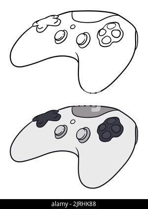 Gamepads set with two video game controllers, with joystick, buttons and cross in different styles: one in outline ready to color it and the other fla Stock Vector