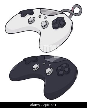 Set of two different version of video game controllers: one white with connection cord, and the another, one black wireless edition. Design isolated i Stock Vector