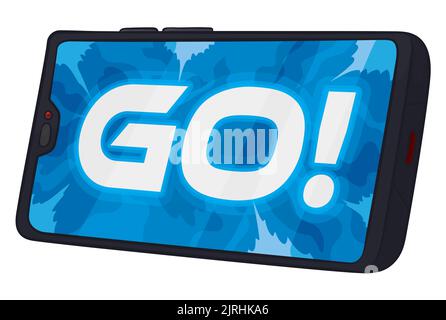 Smartphone with the display on and 'go!' message, inviting at you to play video games. Stock Vector