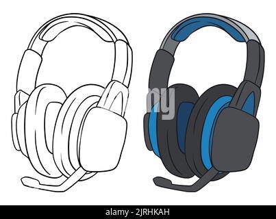 Design in flat style and outlines of a set of headphones with microphone, but one without color, and the other with dark and blue colors. Stock Vector