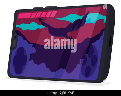 Smartphone as gaming console, showing on its display an action or adventure game, with a flying dragon and neon background. Stock Vector