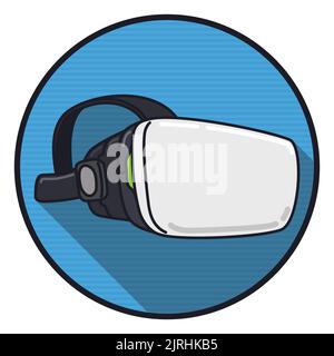Virtual reality headset in flat style and long shadow over a round button with scanlines. Stock Vector