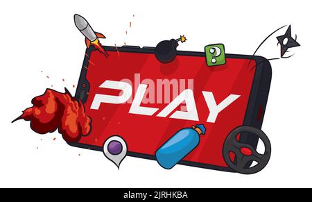 Gaming cell phone with fantastic games, as video game console with action, driving and puzzle games. Stock Vector