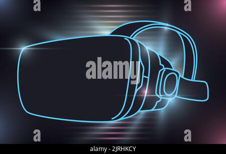 Design in black background, glows and virtual reality headset in outlines with counterlight exposure. Stock Vector