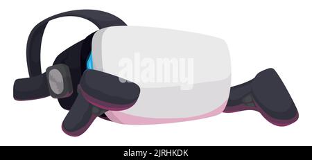 Design in cartoon style of virtual reality goggles with controllers. Design in cartoon style over white background. Stock Vector