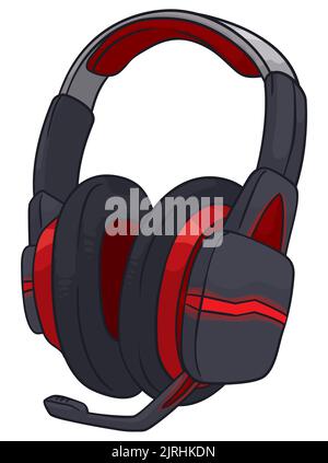 Cartoon design of a gaming headphones with microphone and red LED lights over white background. Stock Vector