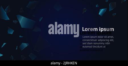 Broken glass pieces on dark blue background with copy space for text. Scattered glass shatters. Banner, invitation or postcard layout, vector illustra Stock Vector