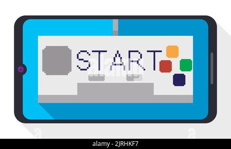 Smartphone ready to start playing a retro video game, with pixelated and flat style. Stock Vector